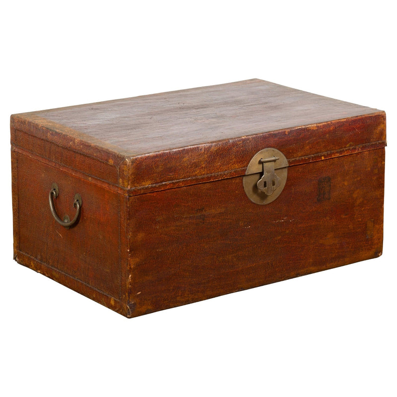 Reddish Brown Leather Bound Trunk or Coffee Table with Brass Hardware-YN7718-1. Asian & Chinese Furniture, Art, Antiques, Vintage Home Décor for sale at FEA Home