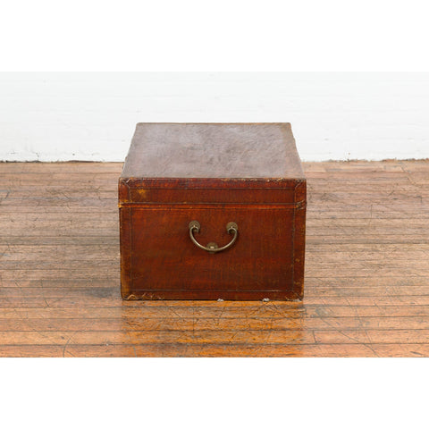 Reddish Brown Leather Bound Trunk or Coffee Table with Brass Hardware-YN7718-20. Asian & Chinese Furniture, Art, Antiques, Vintage Home Décor for sale at FEA Home