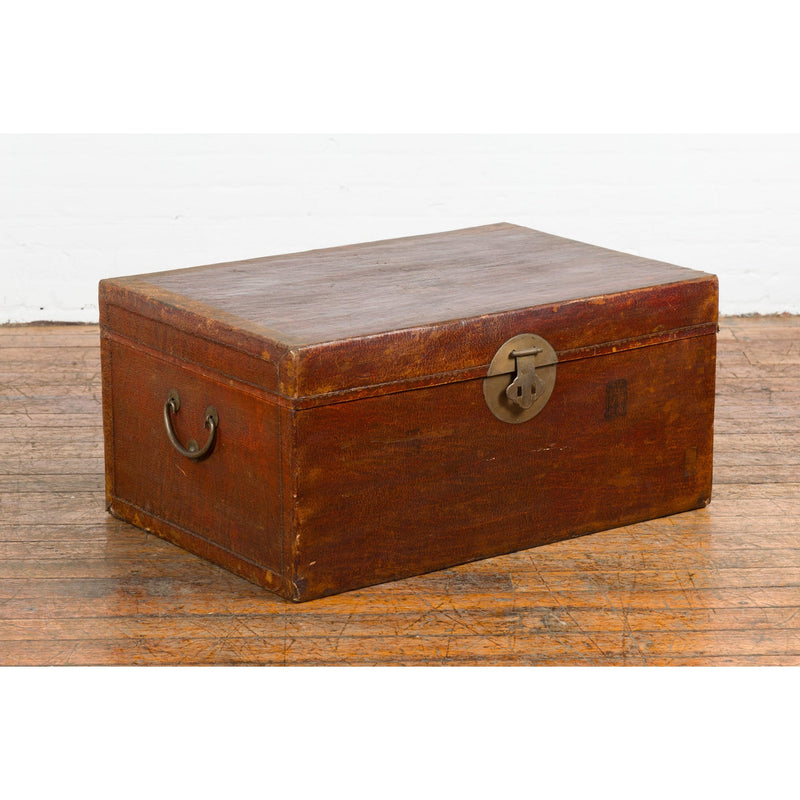 Reddish Brown Leather Bound Trunk or Coffee Table with Brass Hardware-YN7718-3. Asian & Chinese Furniture, Art, Antiques, Vintage Home Décor for sale at FEA Home