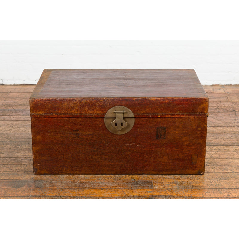 Reddish Brown Leather Bound Trunk or Coffee Table with Brass Hardware-YN7718-4. Asian & Chinese Furniture, Art, Antiques, Vintage Home Décor for sale at FEA Home