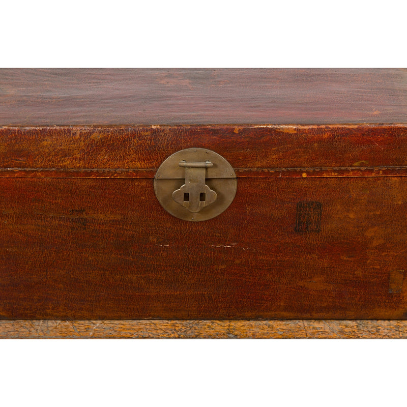 Reddish Brown Leather Bound Trunk or Coffee Table with Brass Hardware-YN7718-7. Asian & Chinese Furniture, Art, Antiques, Vintage Home Décor for sale at FEA Home