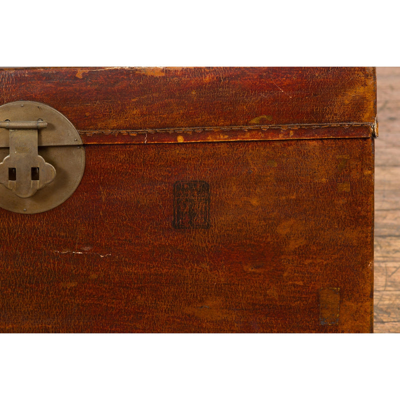 Reddish Brown Leather Bound Trunk or Coffee Table with Brass Hardware-YN7718-8. Asian & Chinese Furniture, Art, Antiques, Vintage Home Décor for sale at FEA Home