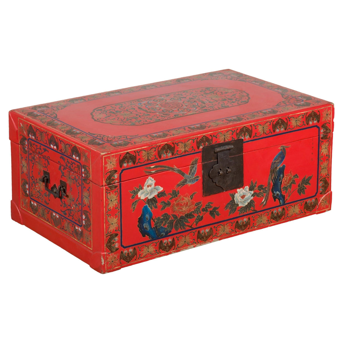 Red Vintage Trunk with Yellow Inside Lining & Blue Leaves on Back-1. Asian & Chinese Furniture, Art, Antiques, Vintage Home Décor for sale at FEA Home