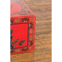 Red Vintage Trunk with Yellow Inside Lining & Blue Leaves on Back