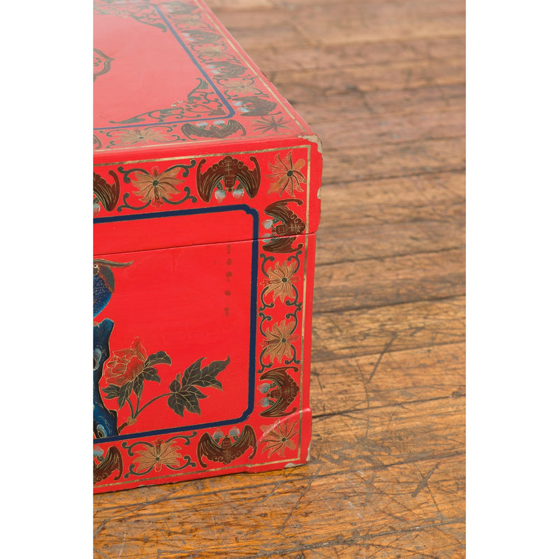 Red Vintage Trunk with Yellow Inside Lining & Blue Leaves on Back-YN7719-10. Asian & Chinese Furniture, Art, Antiques, Vintage Home Décor for sale at FEA Home