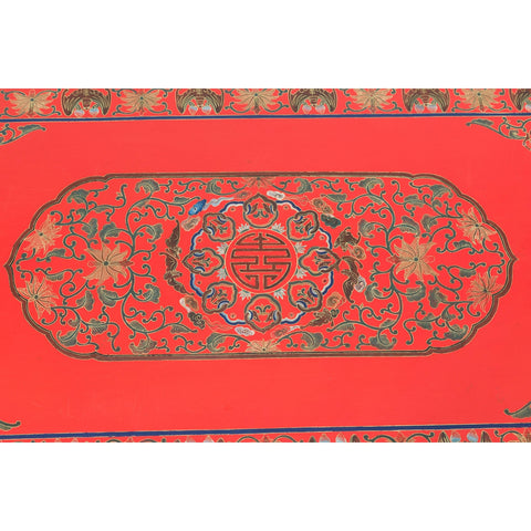Red Vintage Trunk with Yellow Inside Lining & Blue Leaves on Back-YN7719-11. Asian & Chinese Furniture, Art, Antiques, Vintage Home Décor for sale at FEA Home