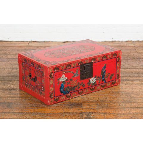 Red Vintage Trunk with Yellow Inside Lining & Blue Leaves on Back-YN7719-16. Asian & Chinese Furniture, Art, Antiques, Vintage Home Décor for sale at FEA Home