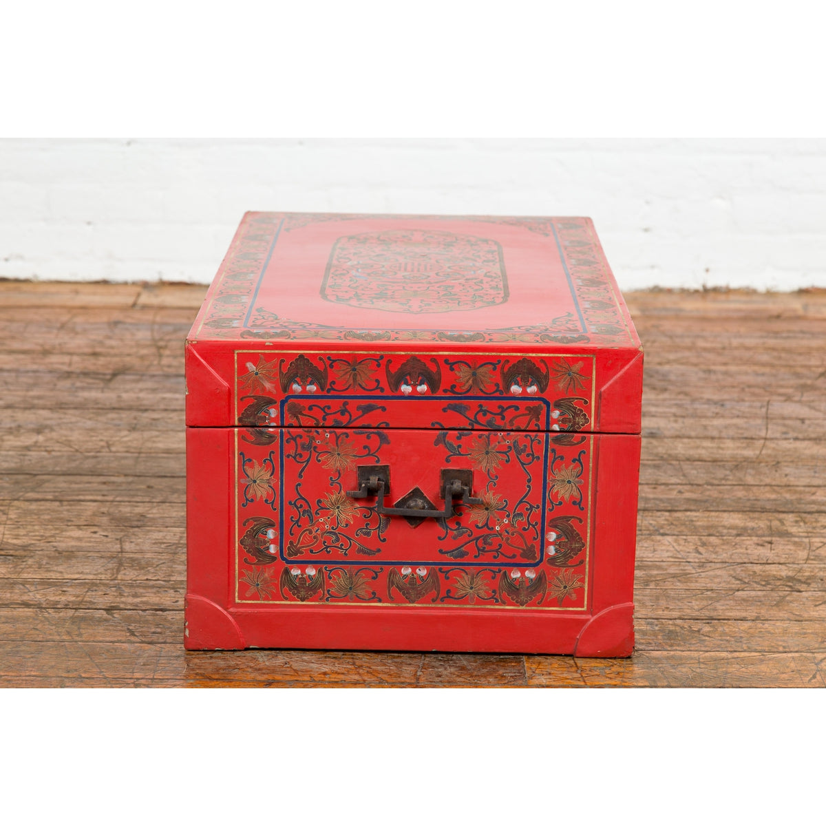 Red Vintage Trunk with Yellow Inside Lining &amp; Blue Leaves on Back-17. Asian &amp; Chinese Furniture, Art, Antiques, Vintage Home Décor for sale at FEA Home