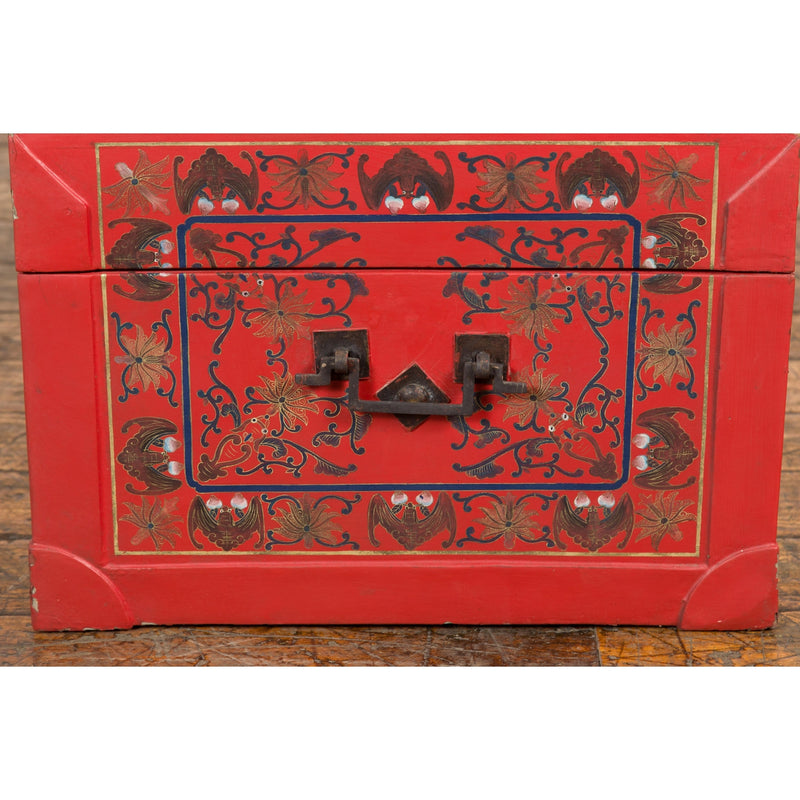 Red Vintage Trunk with Yellow Inside Lining & Blue Leaves on Back-YN7719-18. Asian & Chinese Furniture, Art, Antiques, Vintage Home Décor for sale at FEA Home