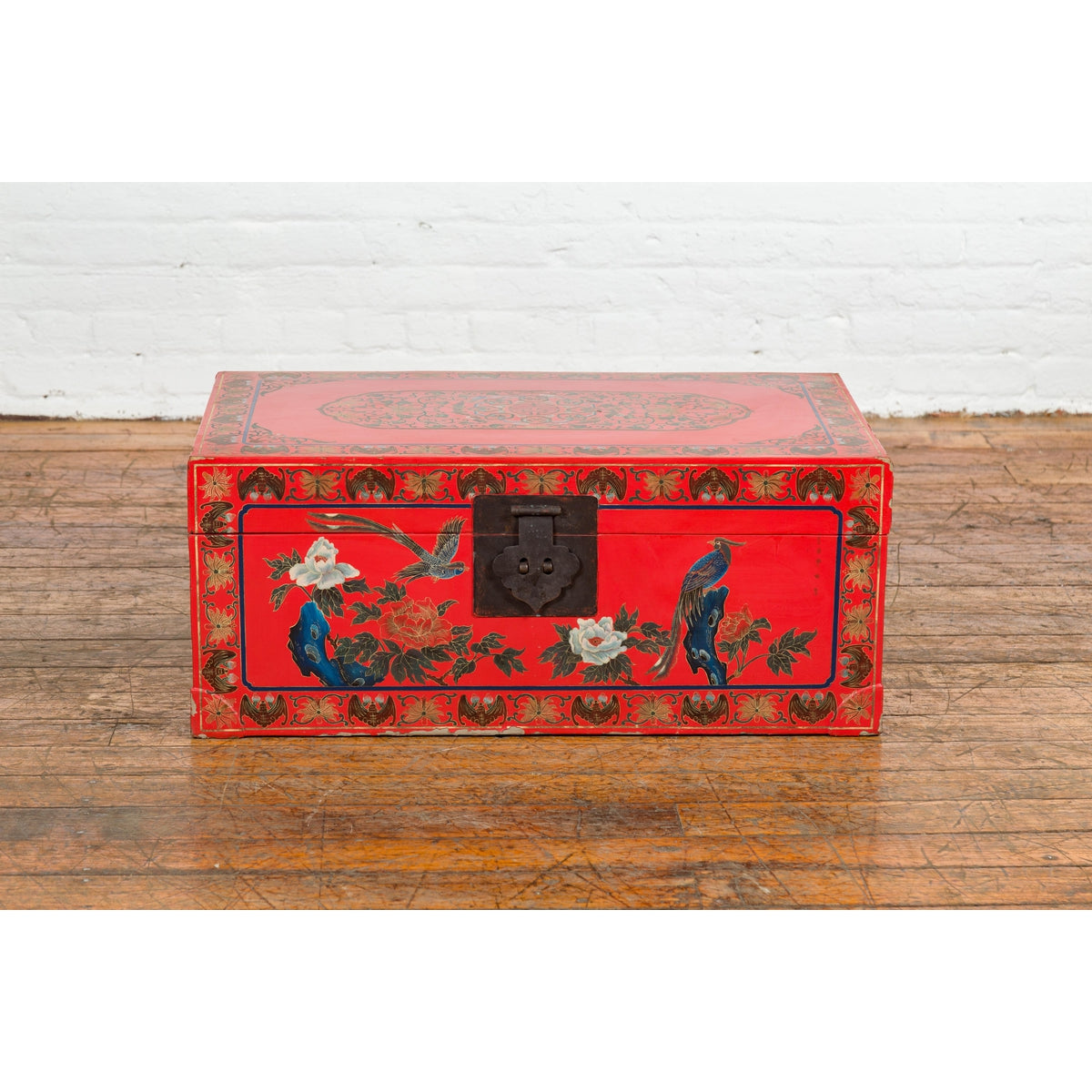 Red Vintage Trunk with Yellow Inside Lining & Blue Leaves on Back-2. Asian & Chinese Furniture, Art, Antiques, Vintage Home Décor for sale at FEA Home