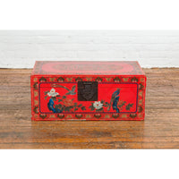 Red Vintage Trunk with Yellow Inside Lining & Blue Leaves on Back
