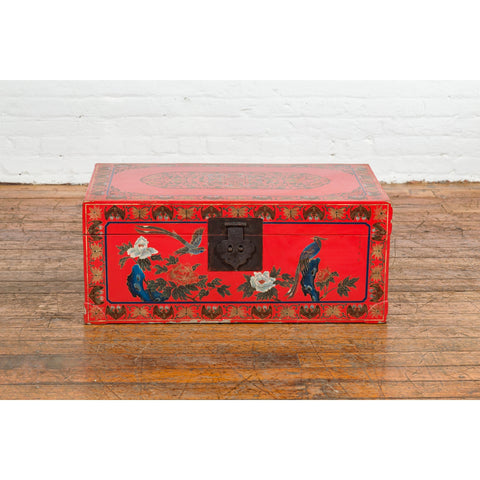 Red Vintage Trunk with Yellow Inside Lining & Blue Leaves on Back-YN7719-2. Asian & Chinese Furniture, Art, Antiques, Vintage Home Décor for sale at FEA Home
