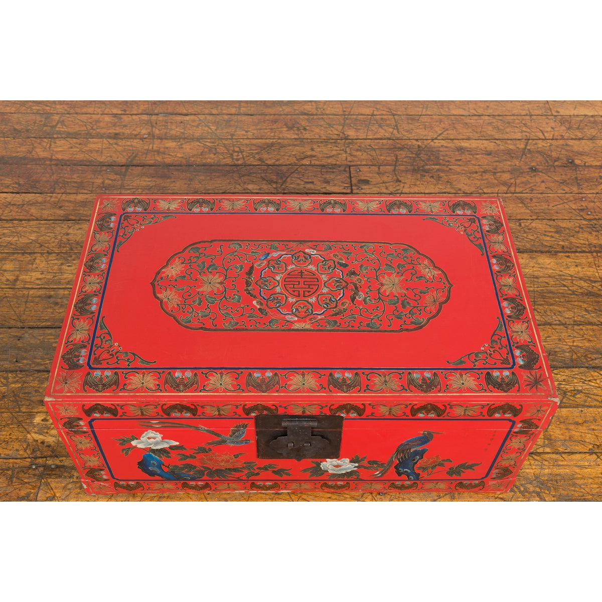 Red Vintage Trunk with Yellow Inside Lining &amp; Blue Leaves on Back-3. Asian &amp; Chinese Furniture, Art, Antiques, Vintage Home Décor for sale at FEA Home