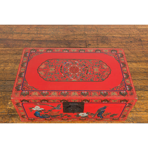Red Vintage Trunk with Yellow Inside Lining & Blue Leaves on Back-YN7719-3. Asian & Chinese Furniture, Art, Antiques, Vintage Home Décor for sale at FEA Home