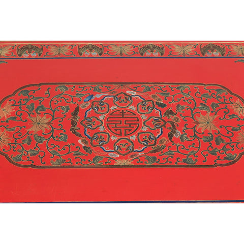 Red Vintage Trunk with Yellow Inside Lining & Blue Leaves on Back-YN7719-4. Asian & Chinese Furniture, Art, Antiques, Vintage Home Décor for sale at FEA Home