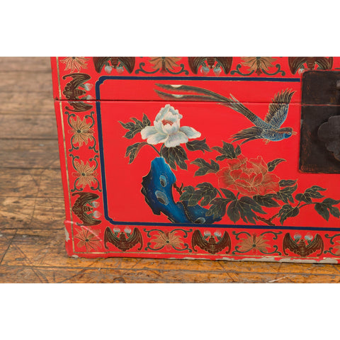 Red Vintage Trunk with Yellow Inside Lining & Blue Leaves on Back-YN7719-6. Asian & Chinese Furniture, Art, Antiques, Vintage Home Décor for sale at FEA Home