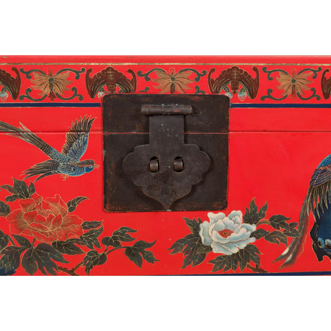 Red Vintage Trunk with Yellow Inside Lining & Blue Leaves on Back-YN7719-8. Asian & Chinese Furniture, Art, Antiques, Vintage Home Décor for sale at FEA Home