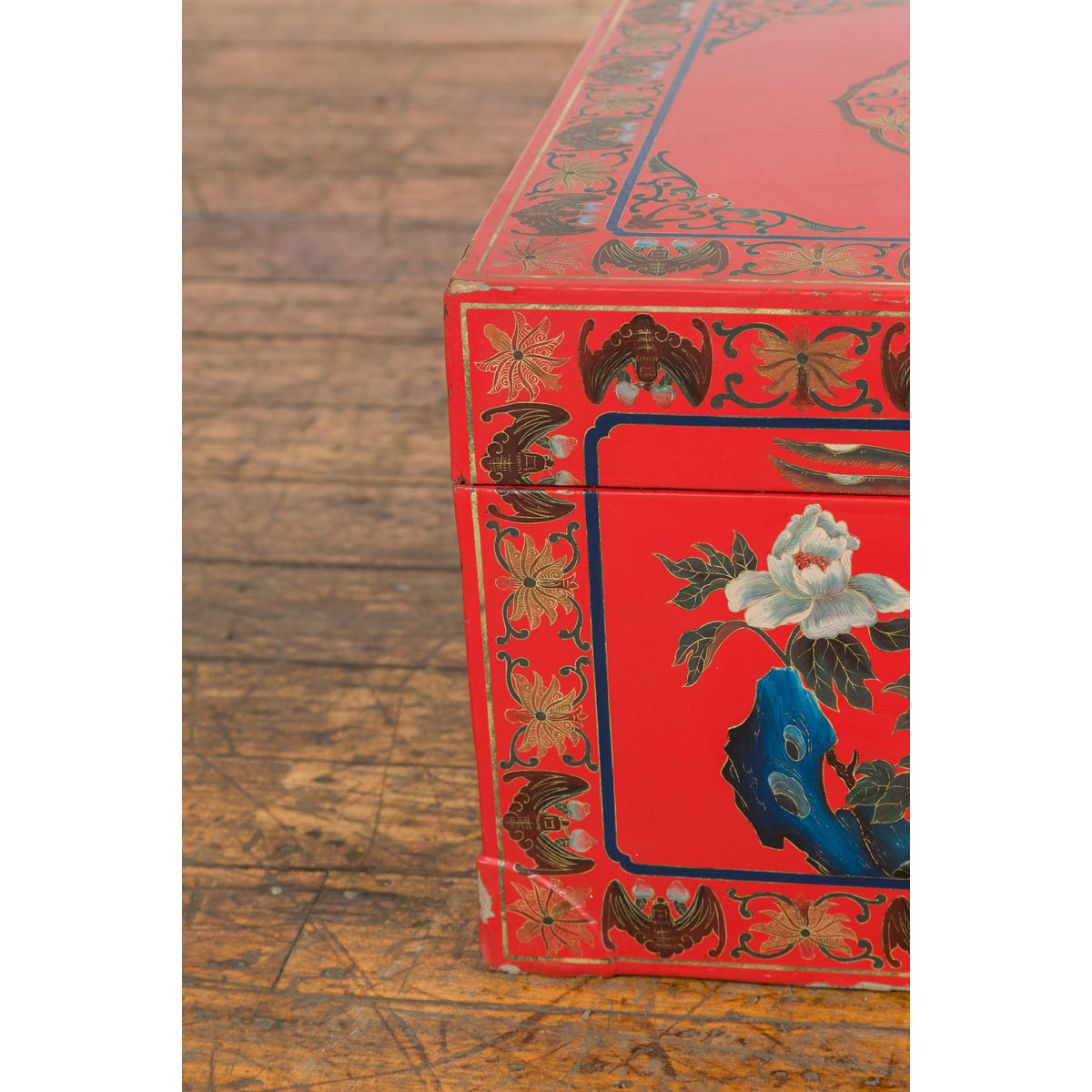 Red Vintage Trunk with Yellow Inside Lining &amp; Blue Leaves on Back-9. Asian &amp; Chinese Furniture, Art, Antiques, Vintage Home Décor for sale at FEA Home