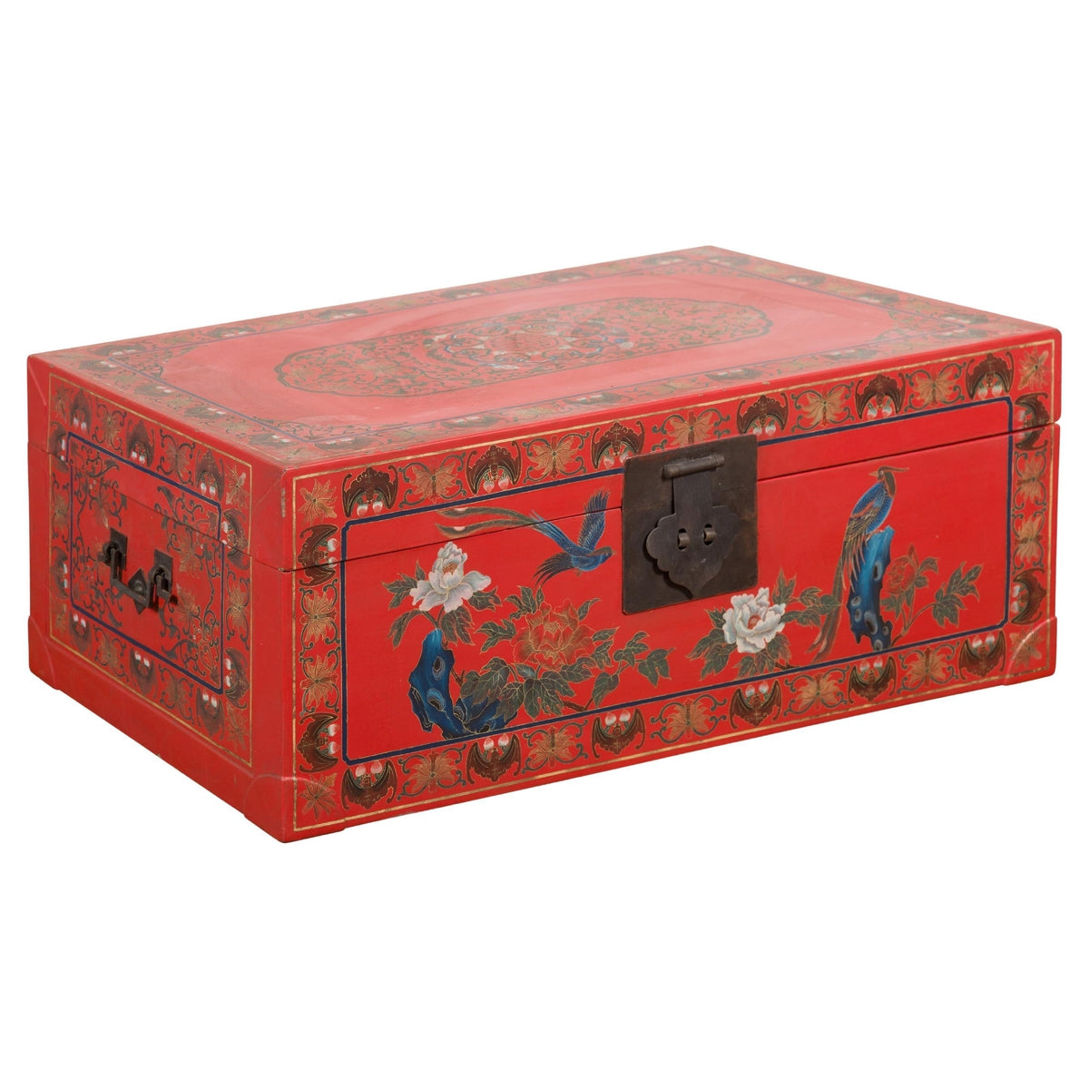 Vintage Red Lacquer Blanket Chest with Egrets, Bats and Floral Motifs-1. Asian & Chinese Furniture, Art, Antiques, Vintage Home Décor for sale at FEA Home
