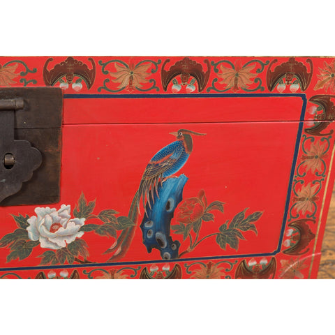 Vintage Red Lacquer Blanket Chest with Egrets, Bats and Floral Motifs-YN7720-10. Asian & Chinese Furniture, Art, Antiques, Vintage Home Décor for sale at FEA Home