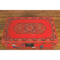 Vintage Red Lacquer Blanket Chest with Egrets, Bats and Floral Motifs