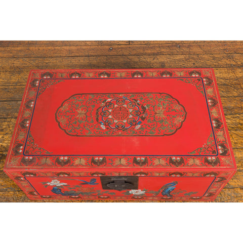 Vintage Red Lacquer Blanket Chest with Egrets, Bats and Floral Motifs-YN7720-12. Asian & Chinese Furniture, Art, Antiques, Vintage Home Décor for sale at FEA Home