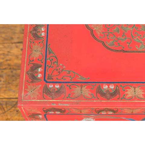 Vintage Red Lacquer Blanket Chest with Egrets, Bats and Floral Motifs-YN7720-14. Asian & Chinese Furniture, Art, Antiques, Vintage Home Décor for sale at FEA Home