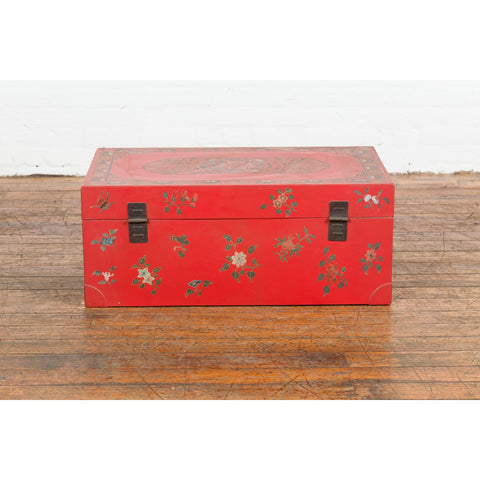 Vintage Red Lacquer Blanket Chest with Egrets, Bats and Floral Motifs-YN7720-19. Asian & Chinese Furniture, Art, Antiques, Vintage Home Décor for sale at FEA Home