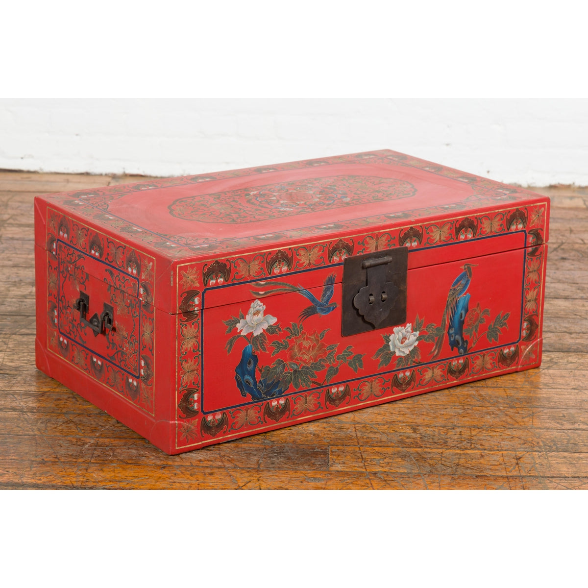 Vintage Red Lacquer Blanket Chest with Egrets, Bats and Floral Motifs-2. Asian & Chinese Furniture, Art, Antiques, Vintage Home Décor for sale at FEA Home