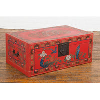 Vintage Red Lacquer Blanket Chest with Egrets, Bats and Floral Motifs