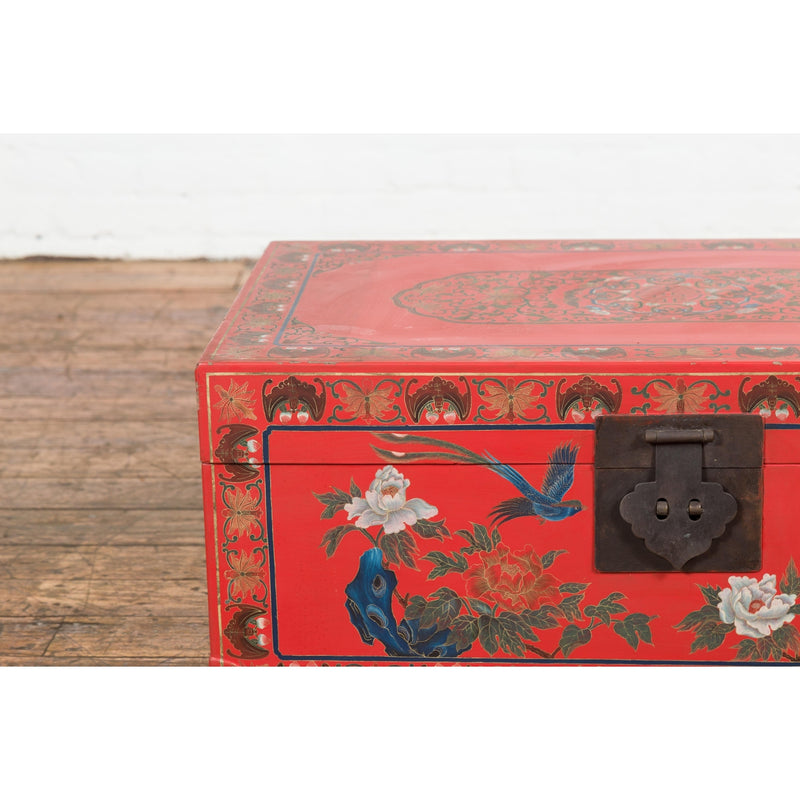 Vintage Red Lacquer Blanket Chest with Egrets, Bats and Floral Motifs-YN7720-5. Asian & Chinese Furniture, Art, Antiques, Vintage Home Décor for sale at FEA Home