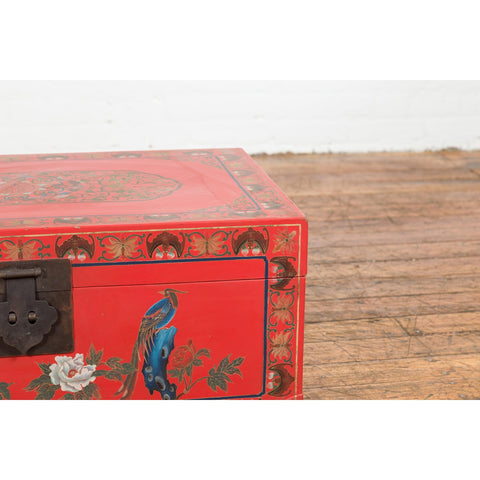 Vintage Red Lacquer Blanket Chest with Egrets, Bats and Floral Motifs-YN7720-6. Asian & Chinese Furniture, Art, Antiques, Vintage Home Décor for sale at FEA Home