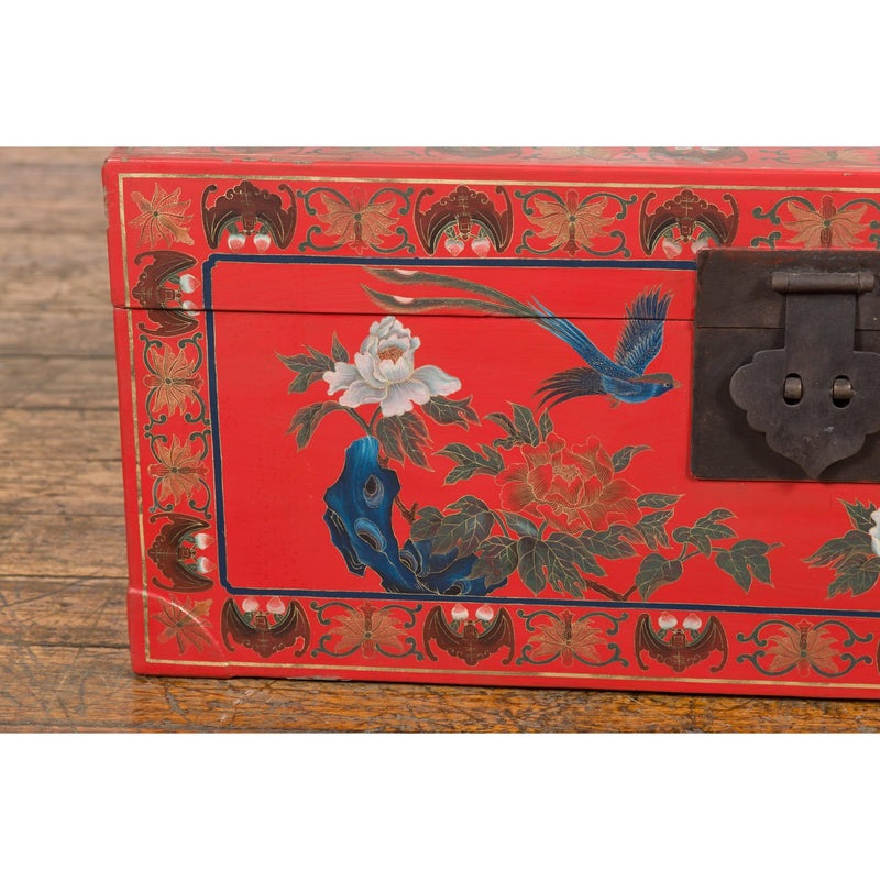 Vintage Red Lacquer Blanket Chest with Egrets, Bats and Floral Motifs-YN7720-8. Asian & Chinese Furniture, Art, Antiques, Vintage Home Décor for sale at FEA Home