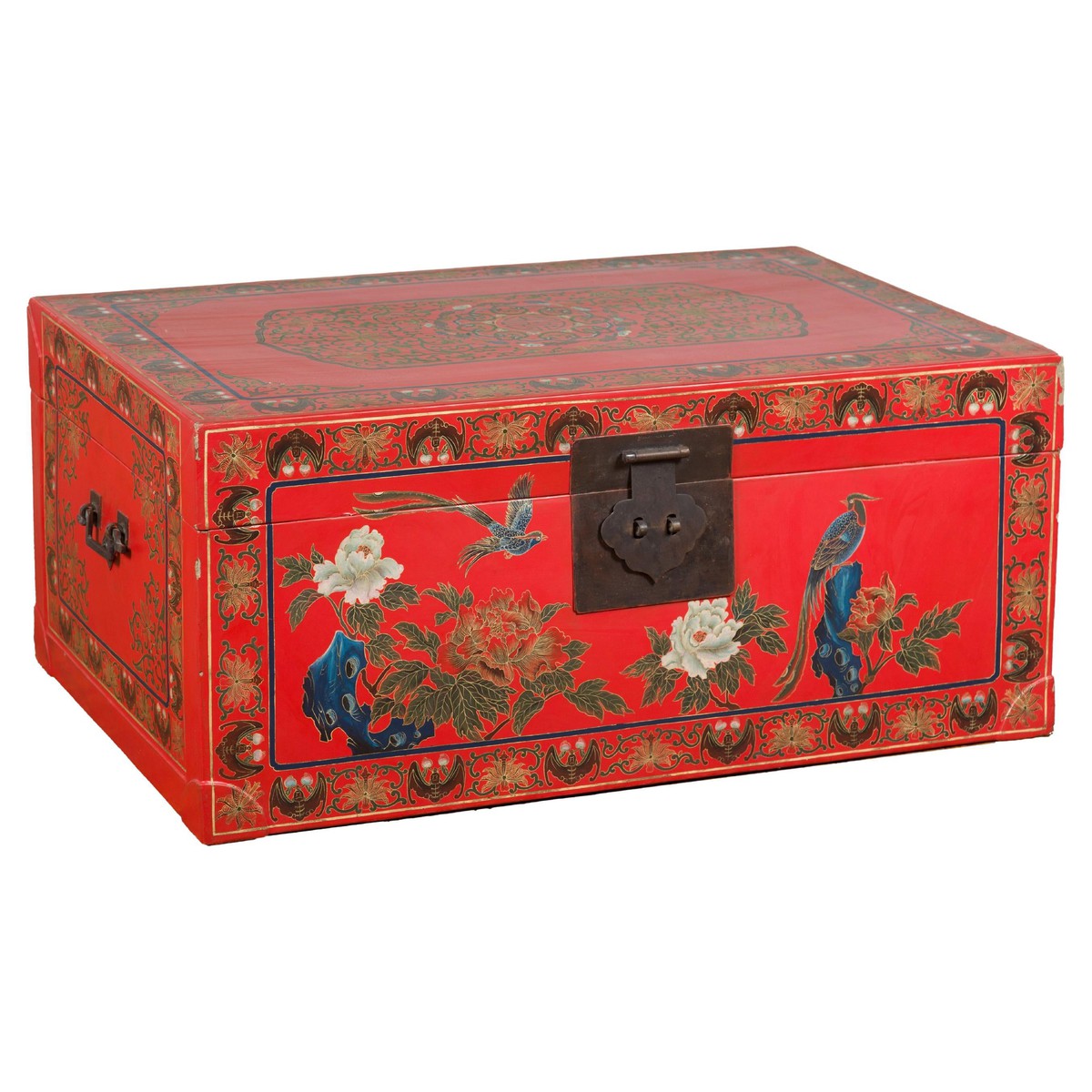Red Lacquer Trunk with Flowers, Birds and Calligraphy Motifs-1. Asian & Chinese Furniture, Art, Antiques, Vintage Home Décor for sale at FEA Home