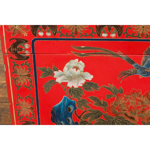Red Lacquer Trunk with Flowers, Birds and Calligraphy Motifs-YN7721-10. Asian & Chinese Furniture, Art, Antiques, Vintage Home Décor for sale at FEA Home