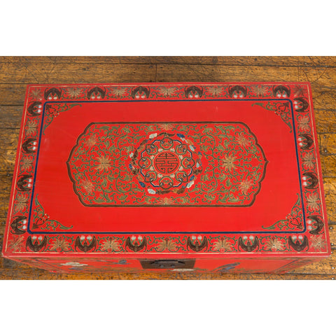 Red Lacquer Trunk with Flowers, Birds and Calligraphy Motifs-YN7721-13. Asian & Chinese Furniture, Art, Antiques, Vintage Home Décor for sale at FEA Home