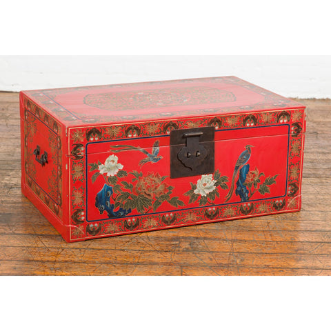 Red Lacquer Trunk with Flowers, Birds and Calligraphy Motifs-YN7721-17. Asian & Chinese Furniture, Art, Antiques, Vintage Home Décor for sale at FEA Home