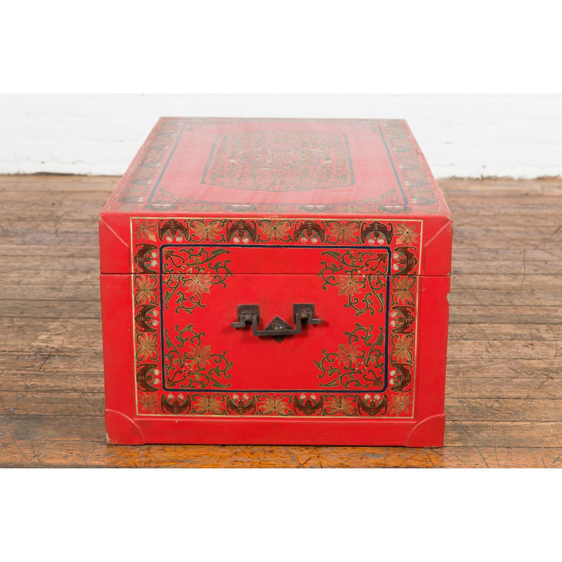 Red Lacquer Trunk with Flowers, Birds and Calligraphy Motifs-YN7721-18. Asian & Chinese Furniture, Art, Antiques, Vintage Home Décor for sale at FEA Home