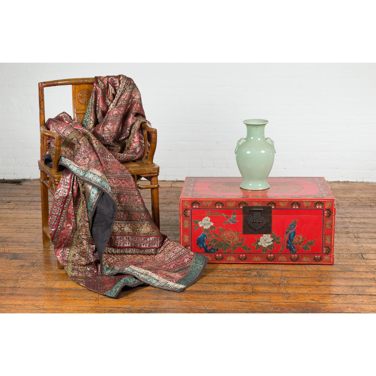 Red Lacquer Trunk with Flowers, Birds and Calligraphy Motifs-2. Asian & Chinese Furniture, Art, Antiques, Vintage Home Décor for sale at FEA Home