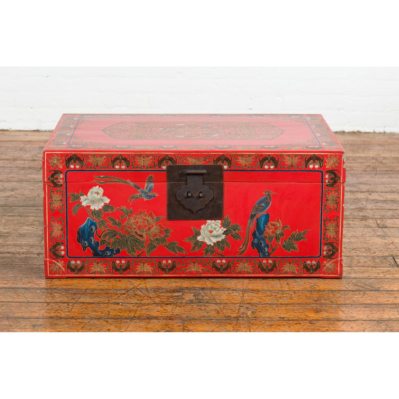Red Lacquer Trunk with Flowers, Birds and Calligraphy Motifs-YN7721-3. Asian & Chinese Furniture, Art, Antiques, Vintage Home Décor for sale at FEA Home