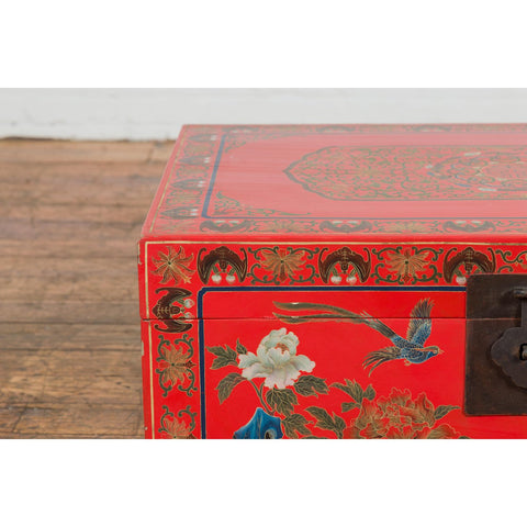 Red Lacquer Trunk with Flowers, Birds and Calligraphy Motifs-YN7721-4. Asian & Chinese Furniture, Art, Antiques, Vintage Home Décor for sale at FEA Home