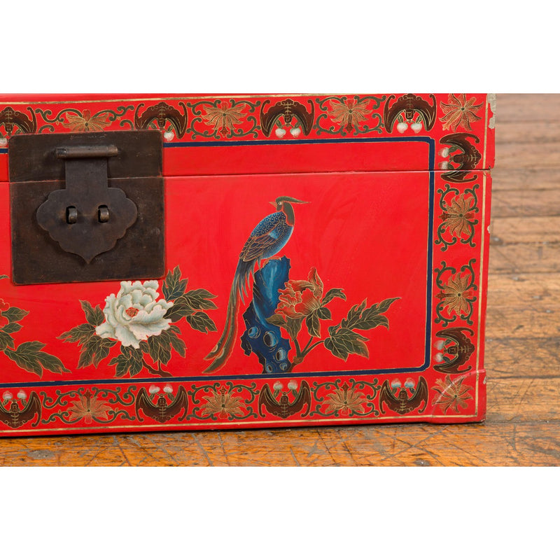 Red Lacquer Trunk with Flowers, Birds and Calligraphy Motifs-YN7721-6. Asian & Chinese Furniture, Art, Antiques, Vintage Home Décor for sale at FEA Home