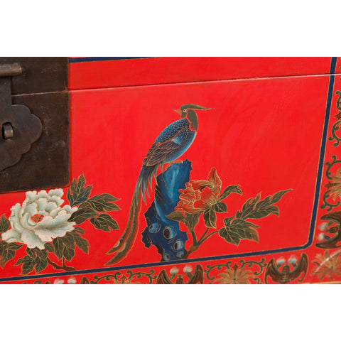 Red Lacquer Trunk with Flowers, Birds and Calligraphy Motifs-YN7721-9. Asian & Chinese Furniture, Art, Antiques, Vintage Home Décor for sale at FEA Home