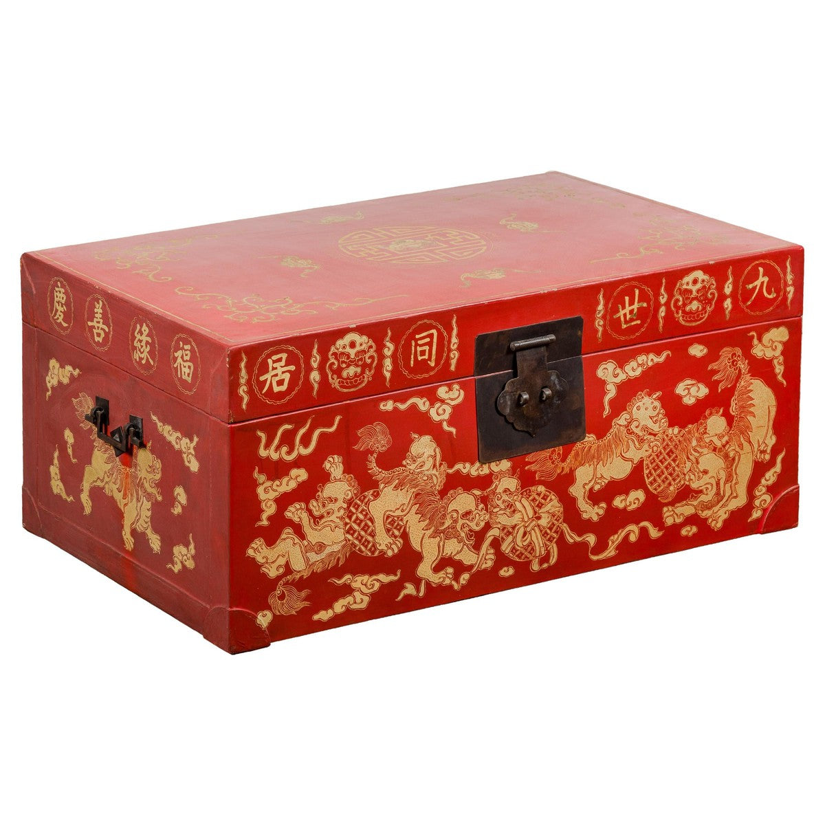 Vintage Chinese Red Lacquer Blanket Chest with Bat, Guardian Lion, Cloud Motifs-1. Asian & Chinese Furniture, Art, Antiques, Vintage Home Décor for sale at FEA Home