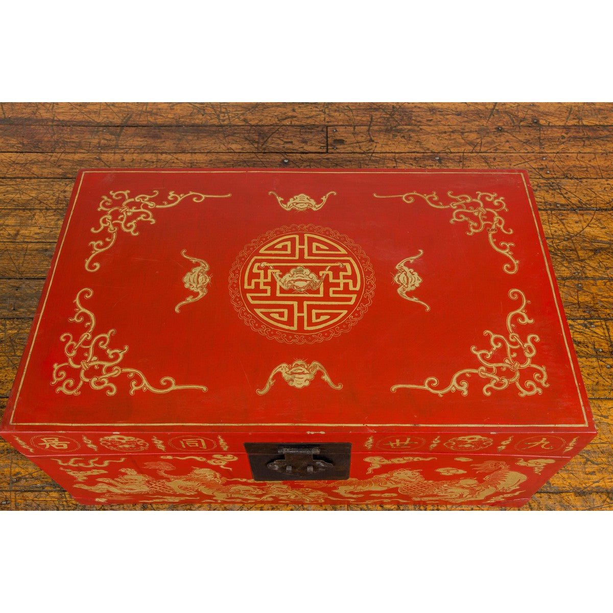 Vintage Chinese Red Lacquer Blanket Chest with Bat, Guardian Lion, Cloud Motifs-11. Asian &amp; Chinese Furniture, Art, Antiques, Vintage Home Décor for sale at FEA Home