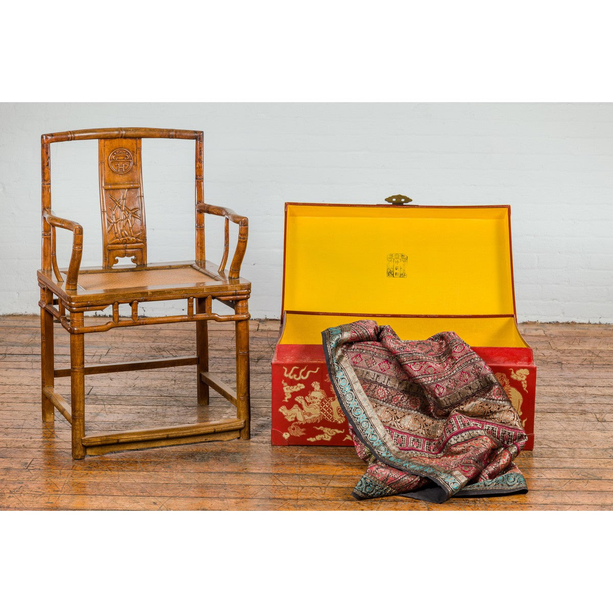 Vintage Chinese Red Lacquer Blanket Chest with Bat, Guardian Lion, Cloud Motifs-15. Asian &amp; Chinese Furniture, Art, Antiques, Vintage Home Décor for sale at FEA Home