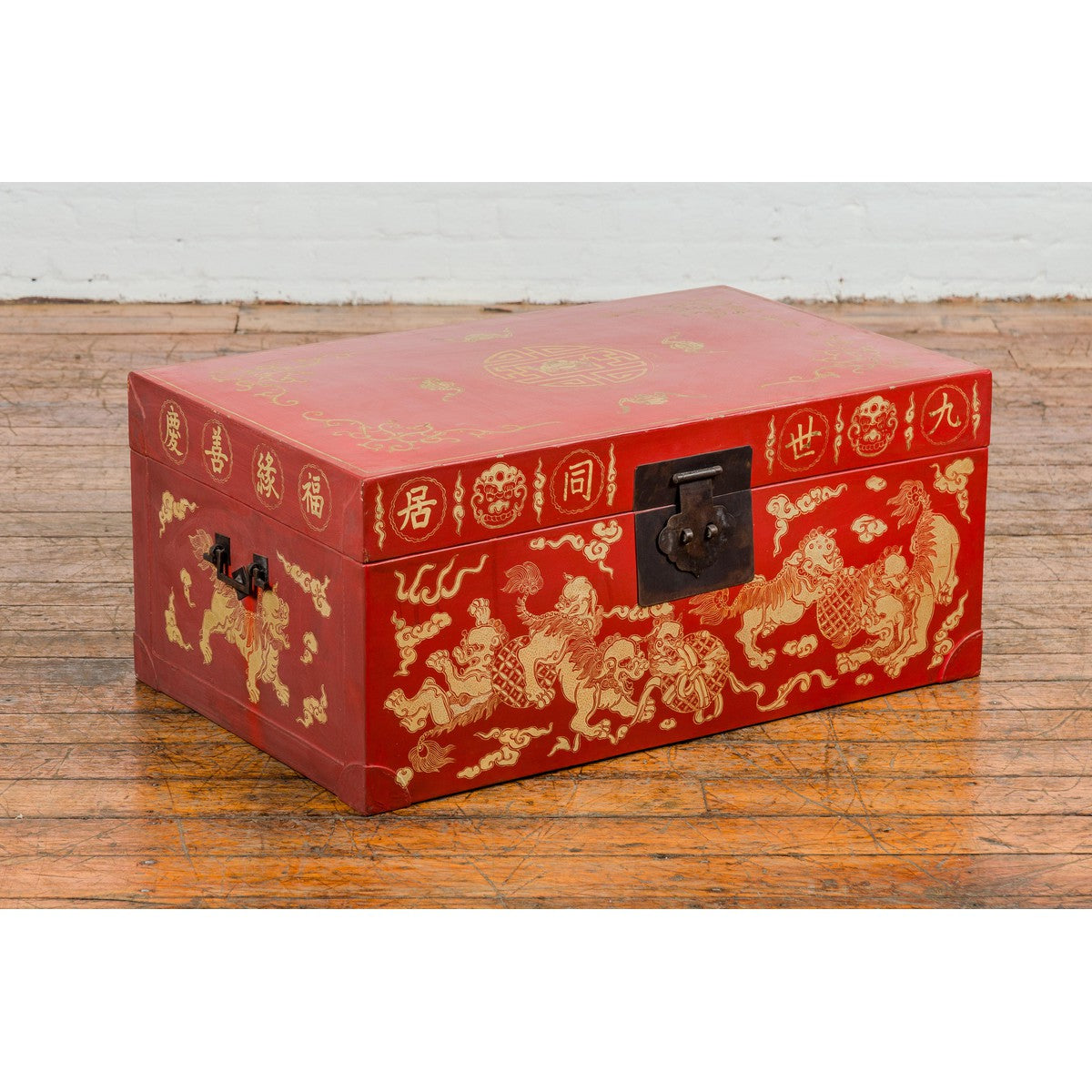Vintage Chinese Red Lacquer Blanket Chest with Bat, Guardian Lion, Cloud Motifs-2. Asian & Chinese Furniture, Art, Antiques, Vintage Home Décor for sale at FEA Home
