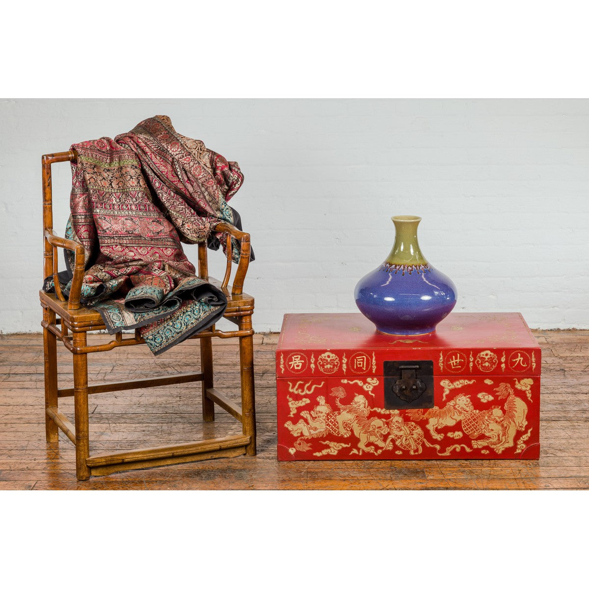 Vintage Chinese Red Lacquer Blanket Chest with Bat, Guardian Lion, Cloud Motifs-3. Asian &amp; Chinese Furniture, Art, Antiques, Vintage Home Décor for sale at FEA Home