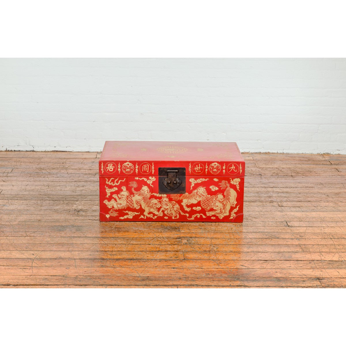 Vintage Chinese Red Lacquer Blanket Chest with Bat, Guardian Lion, Cloud Motifs-5. Asian &amp; Chinese Furniture, Art, Antiques, Vintage Home Décor for sale at FEA Home