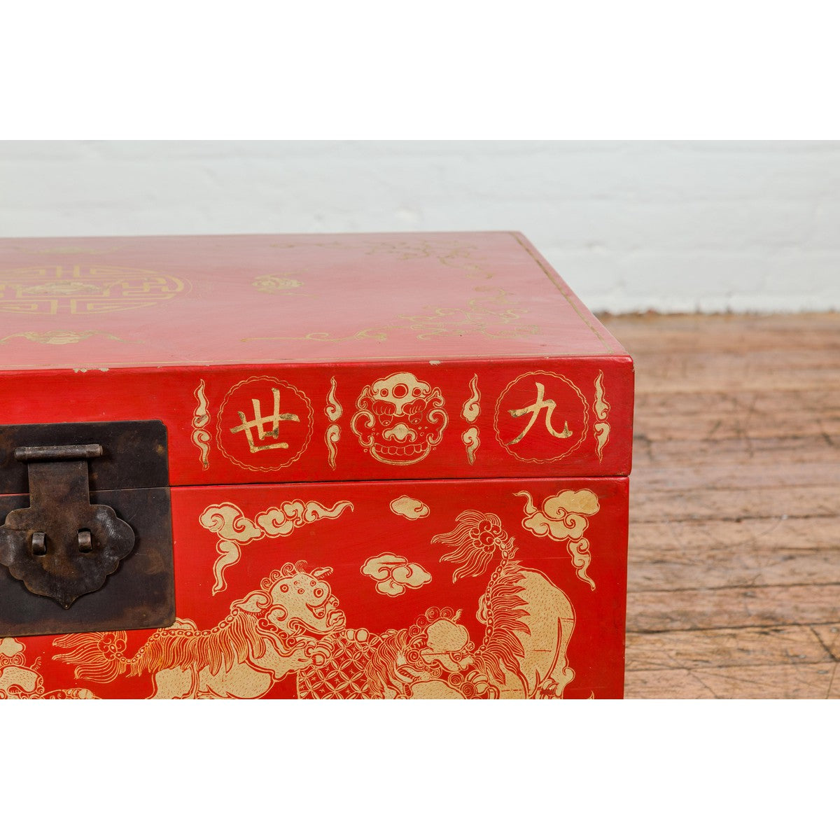 Vintage Chinese Red Lacquer Blanket Chest with Bat, Guardian Lion, Cloud Motifs-7. Asian &amp; Chinese Furniture, Art, Antiques, Vintage Home Décor for sale at FEA Home